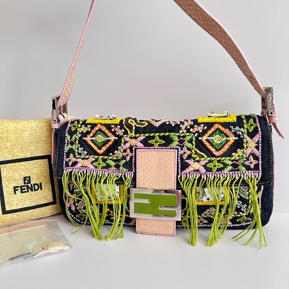 Fendi Handbags - RARE 💚FENDI vintage Baguette, embroidered beaded , pink python handle.